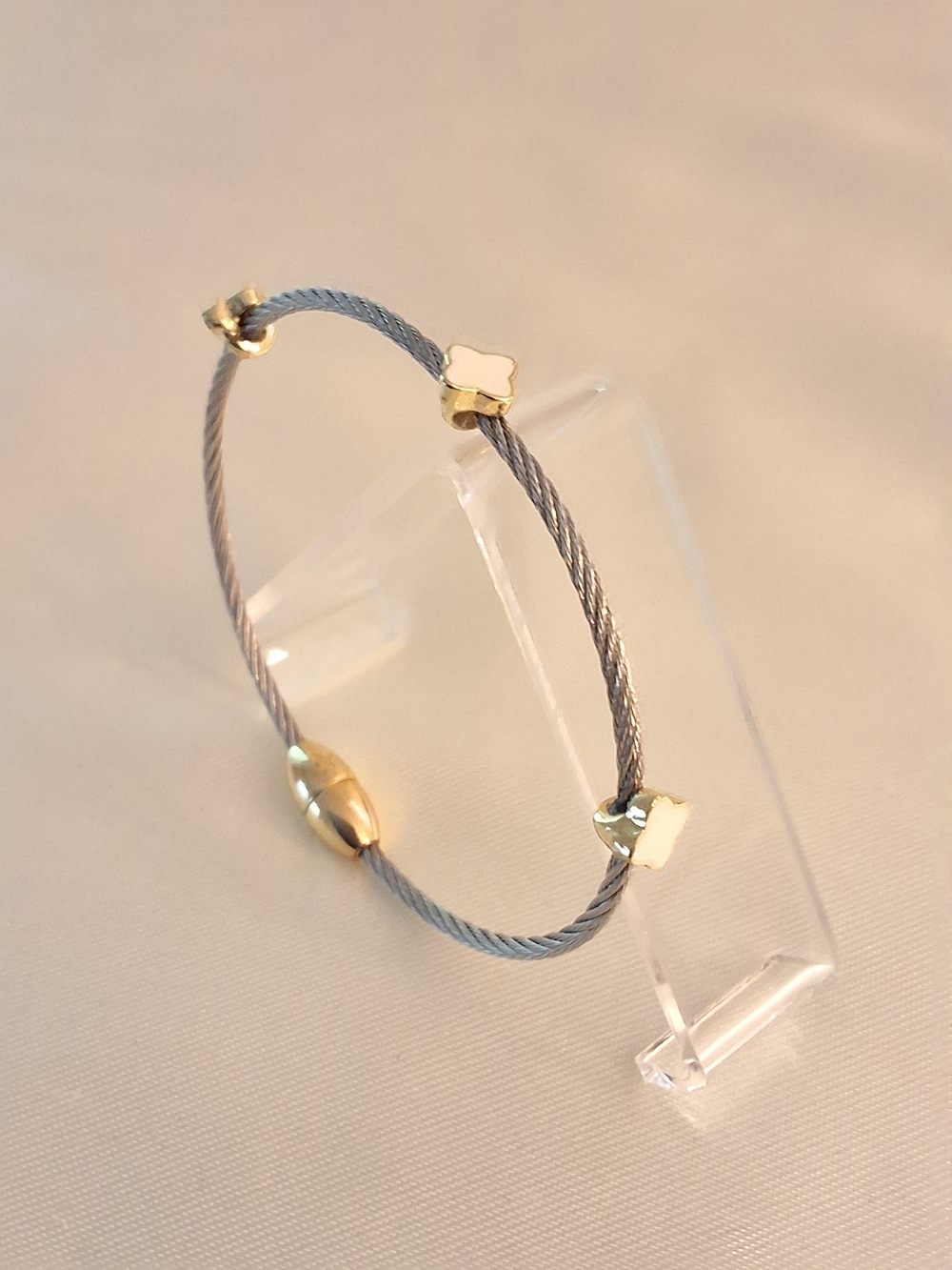Gold and Silver Plated Cable Bracelet with Mother Of Pearl Clover Accents
